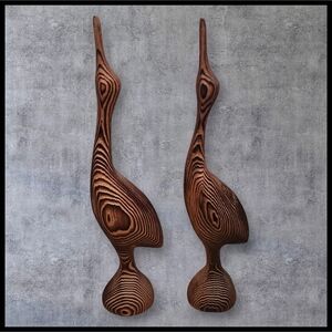 Vintage Crowe Canada Handcarved Cedar Wood Crane Bird Statue Set MCM Minimalist